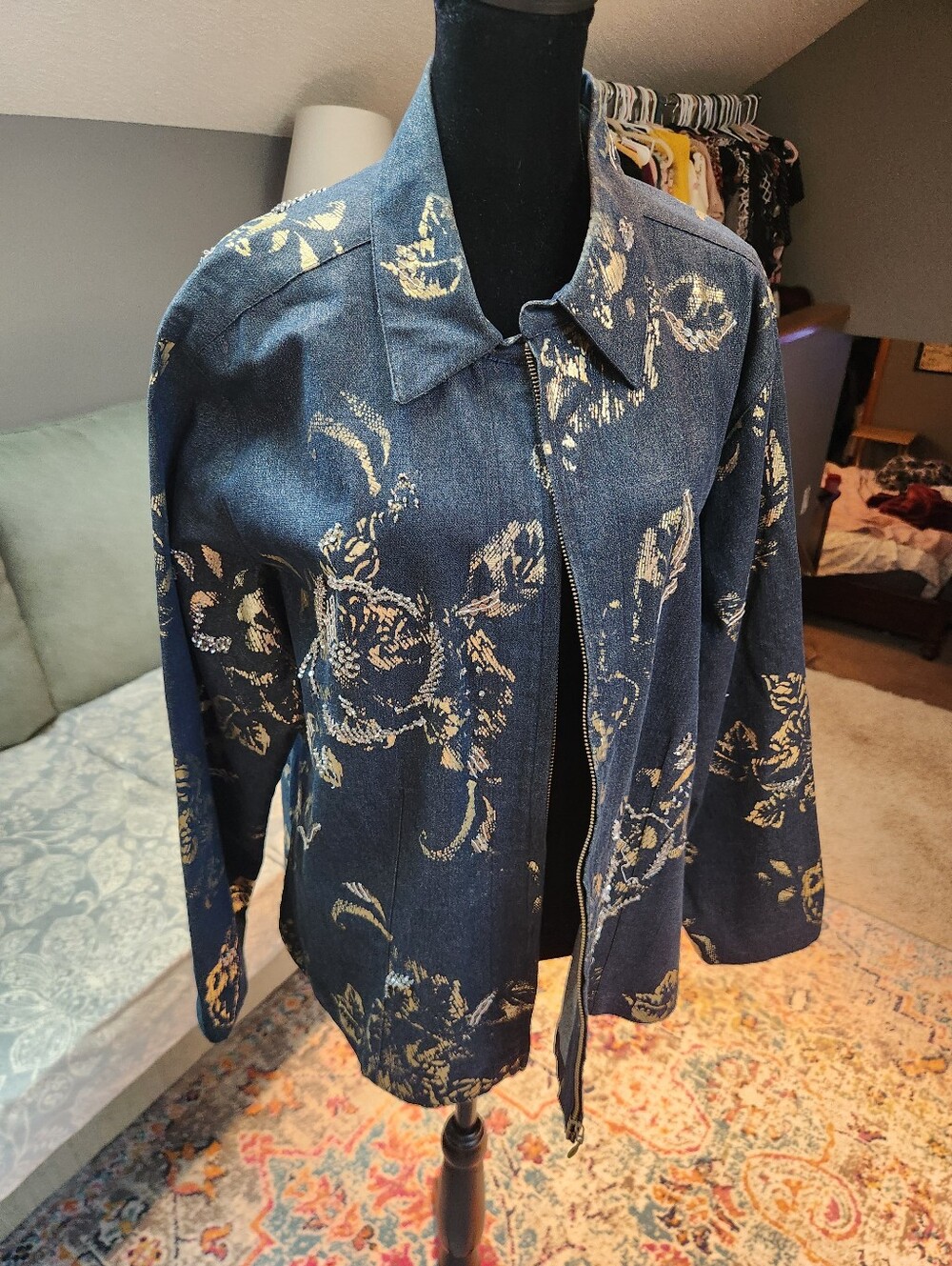 Chico's Navy Denim Jacket with Gold Floral Print XL Like New - Picture 5 of 11